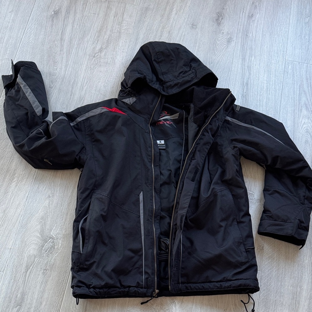 Black Hooded Ski Jacket with Red Accents